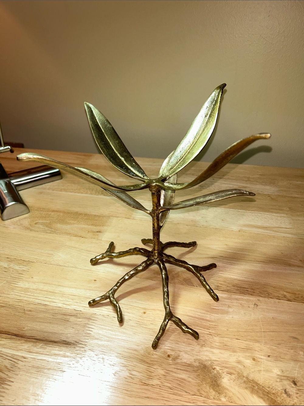 Mid Century Solid Brass Leaf Branch Sculptural Bowl / Candle Holder Stand 9.5” H